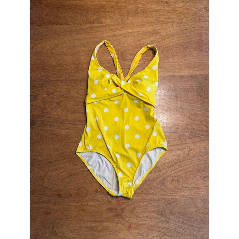 L.L.Bean Women’s Front Twist Polka Dots One Piece Swimsuit Yellow White S/M